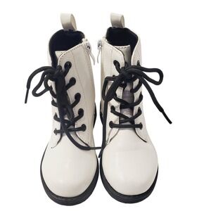 Mini Moda Kids Sz 8 White Patent Combat Boots Side Zip Lug Sole Lace Up Ankle